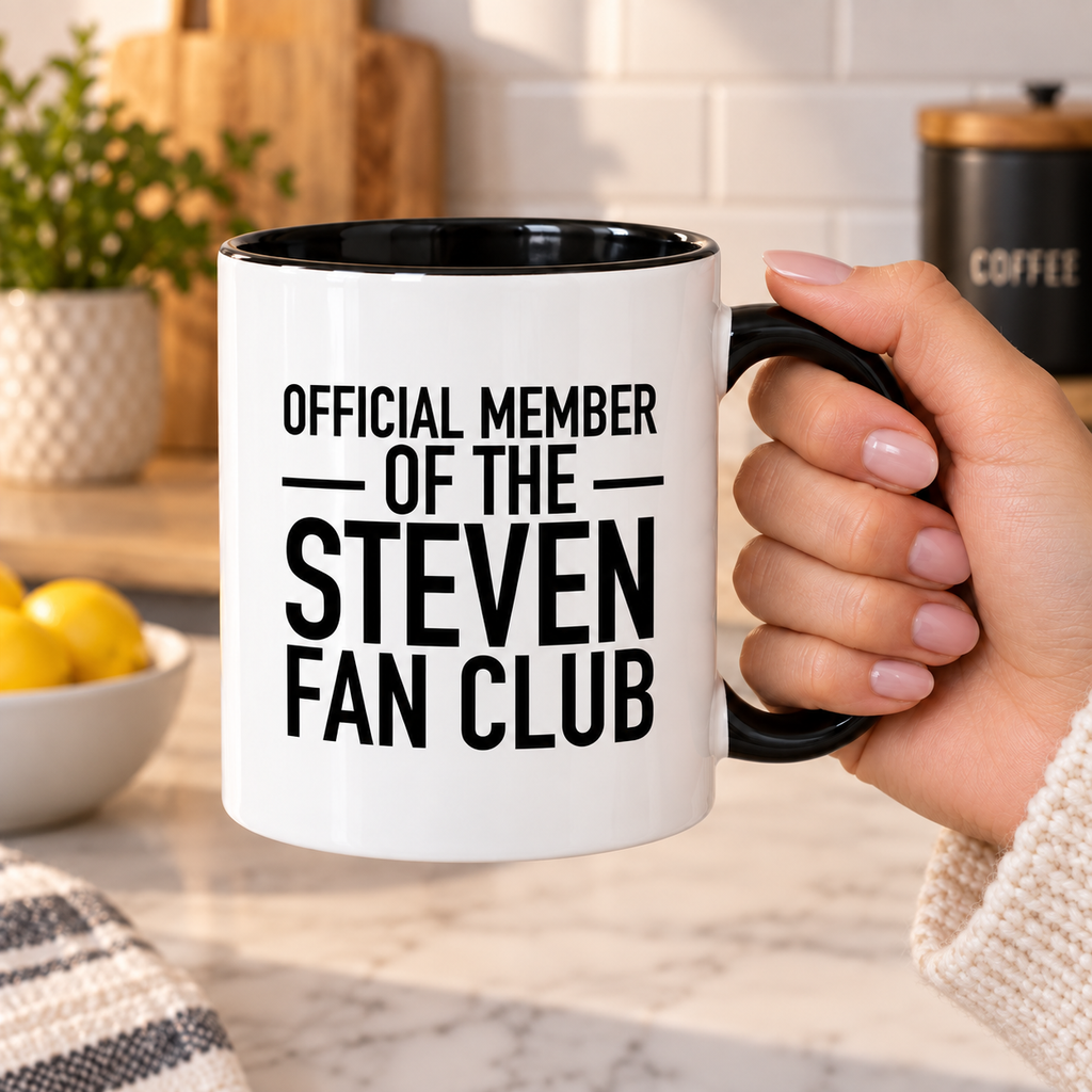OFFICIAL MEMBER OF THE STEVEN FAN CLUB mug handheld-black-white mockup
