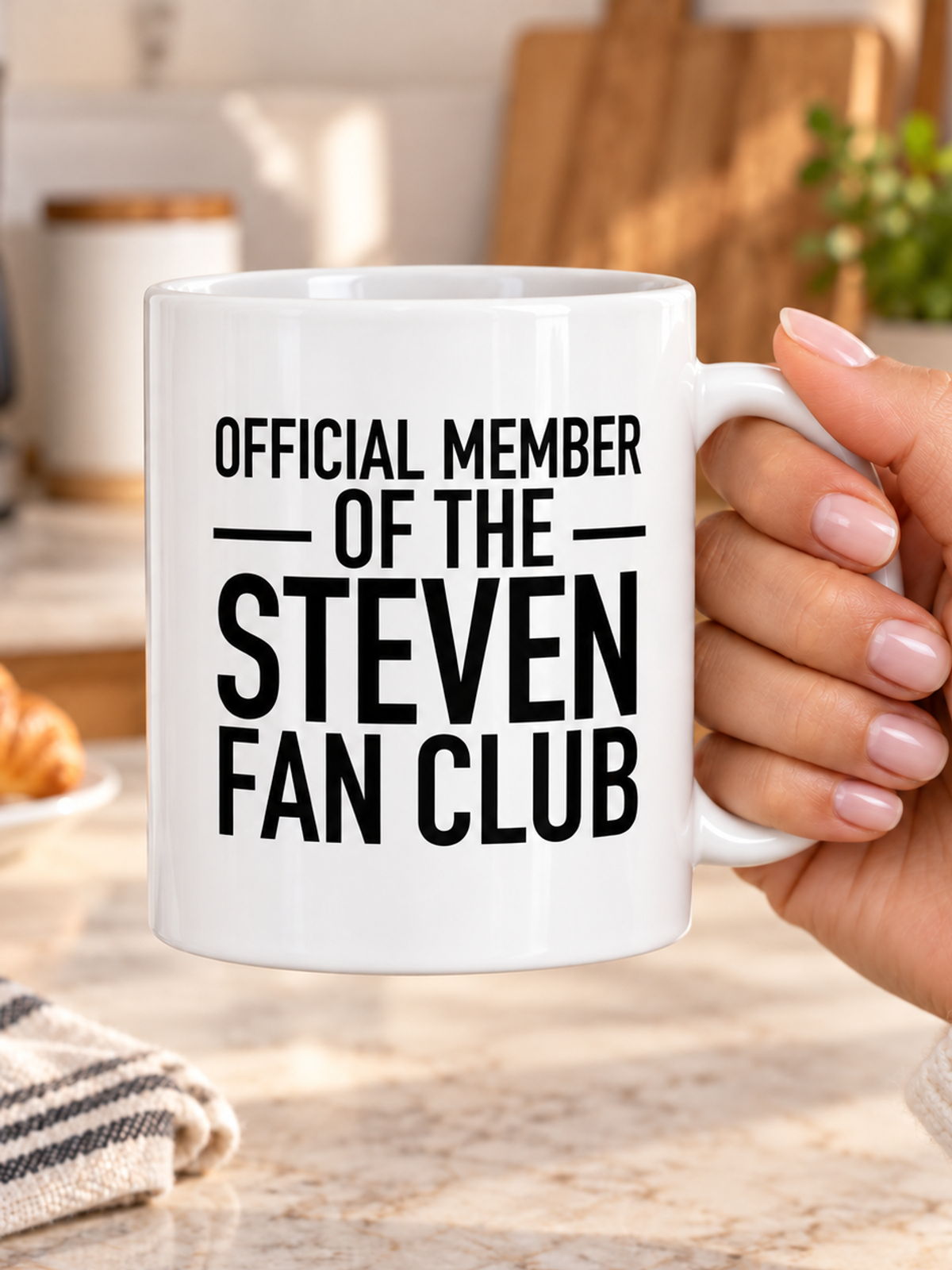 OFFICIAL MEMBER OF THE STEVEN FAN CLUB mug handheld-white mockup
