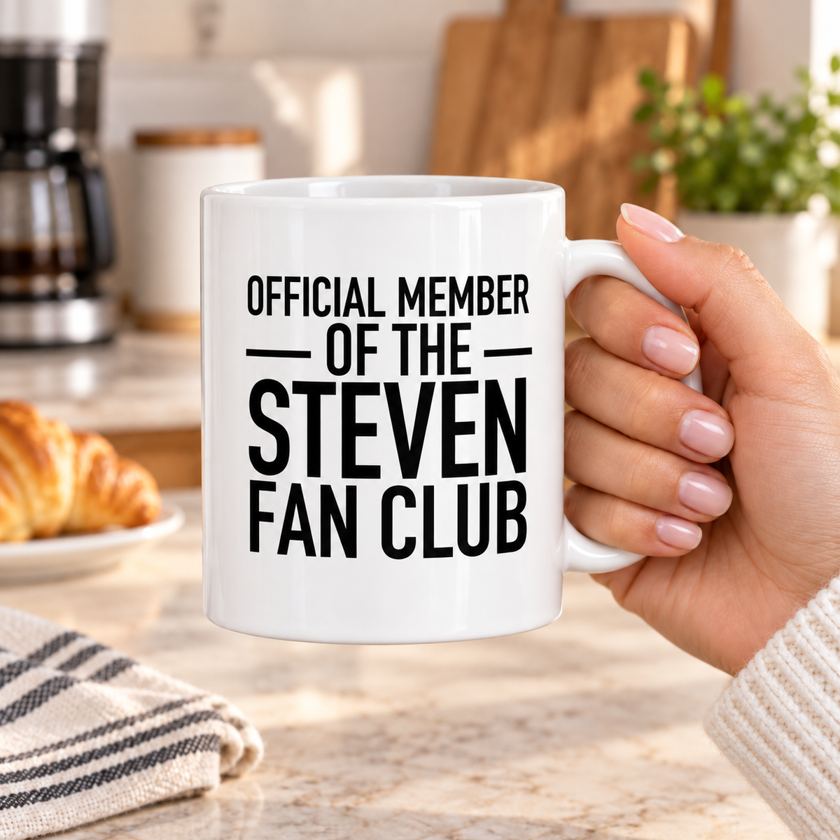 OFFICIAL MEMBER OF THE STEVEN FAN CLUB mug handheld-white mockup