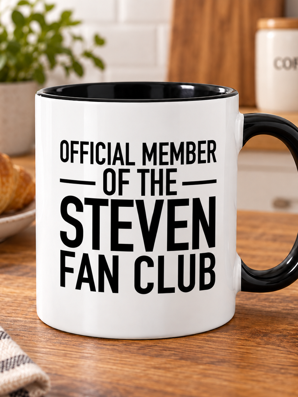OFFICIAL MEMBER OF THE STEVEN FAN CLUB mug lifestyle-black-white mockup