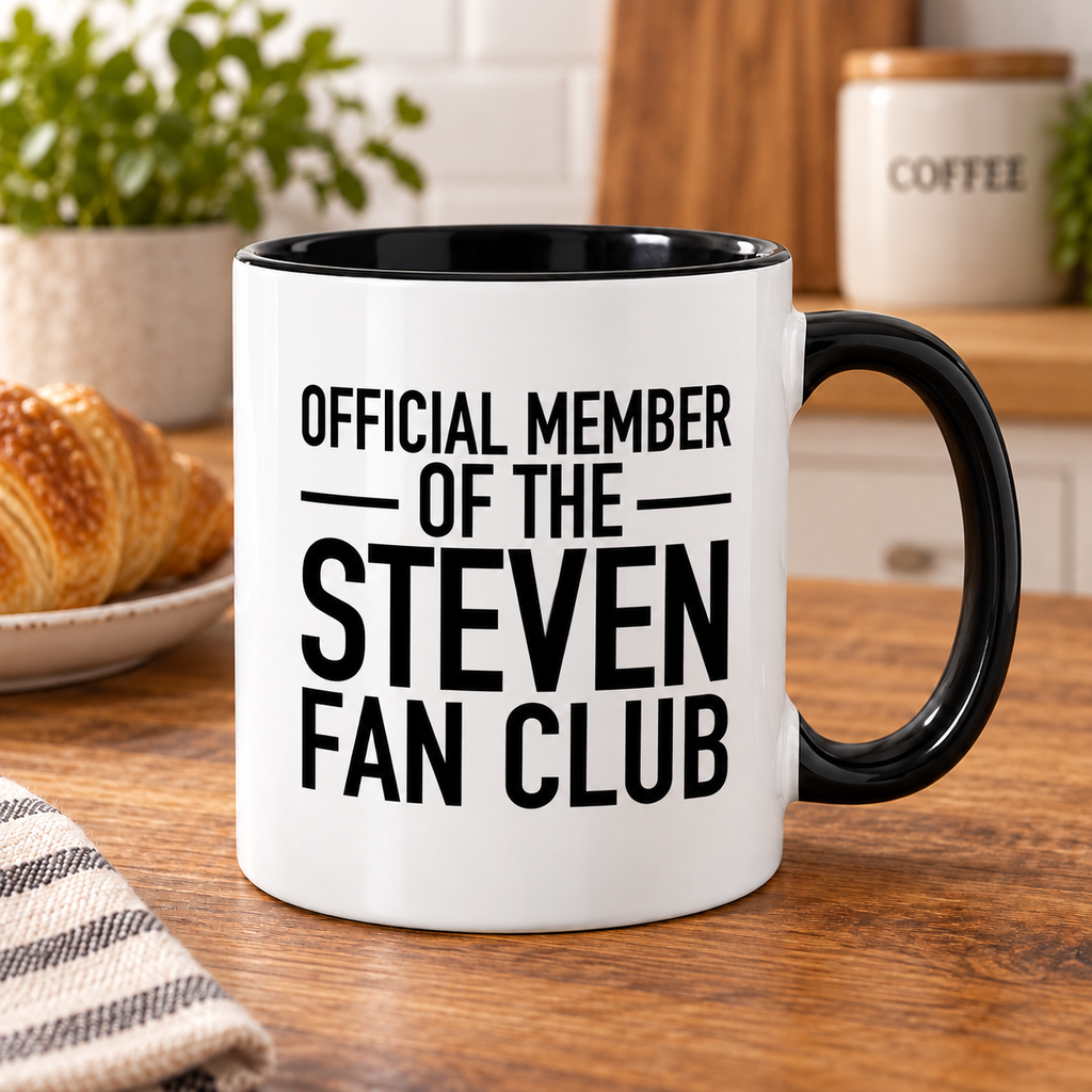 OFFICIAL MEMBER OF THE STEVEN FAN CLUB mug lifestyle-black-white mockup