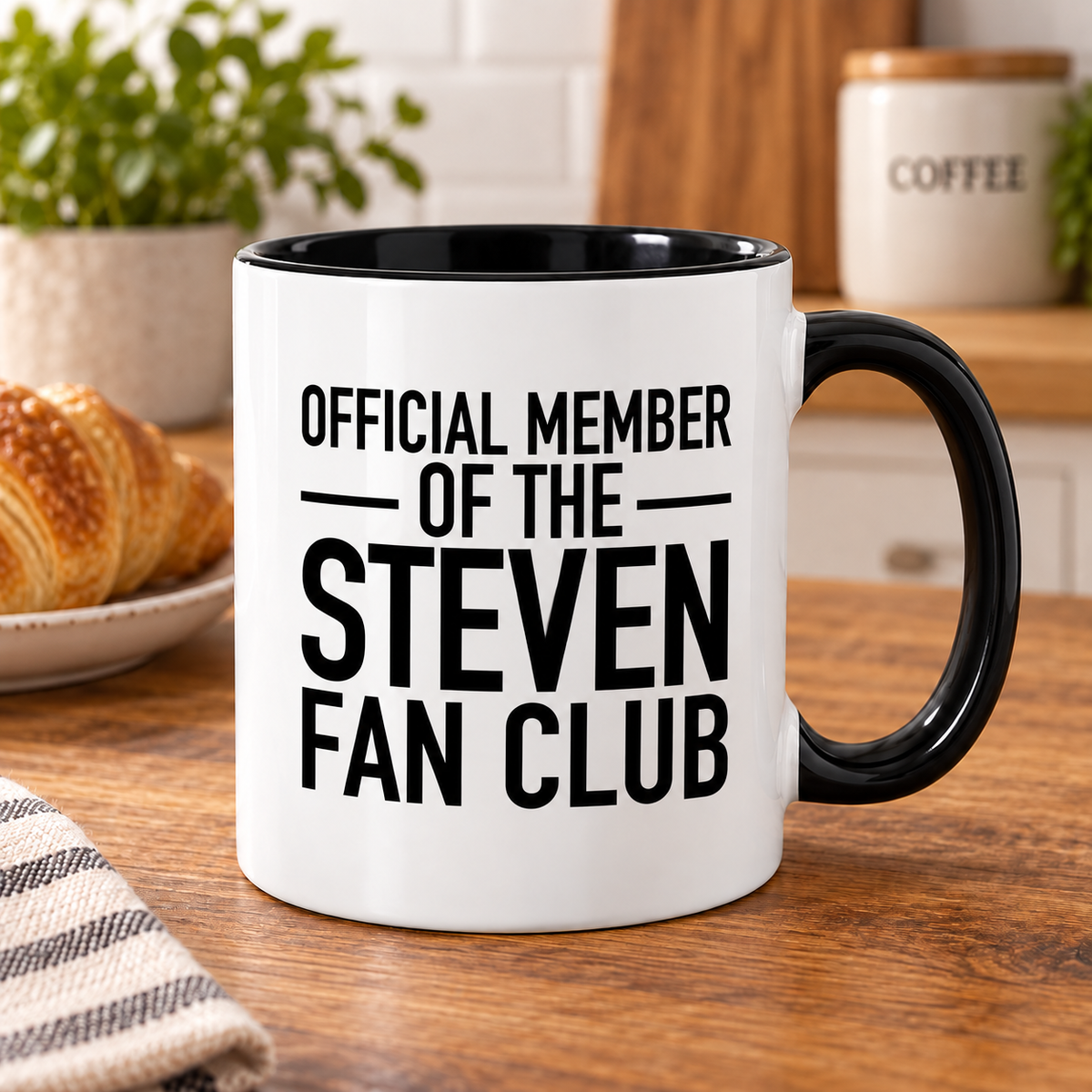OFFICIAL MEMBER OF THE STEVEN FAN CLUB mug lifestyle-black-white mockup