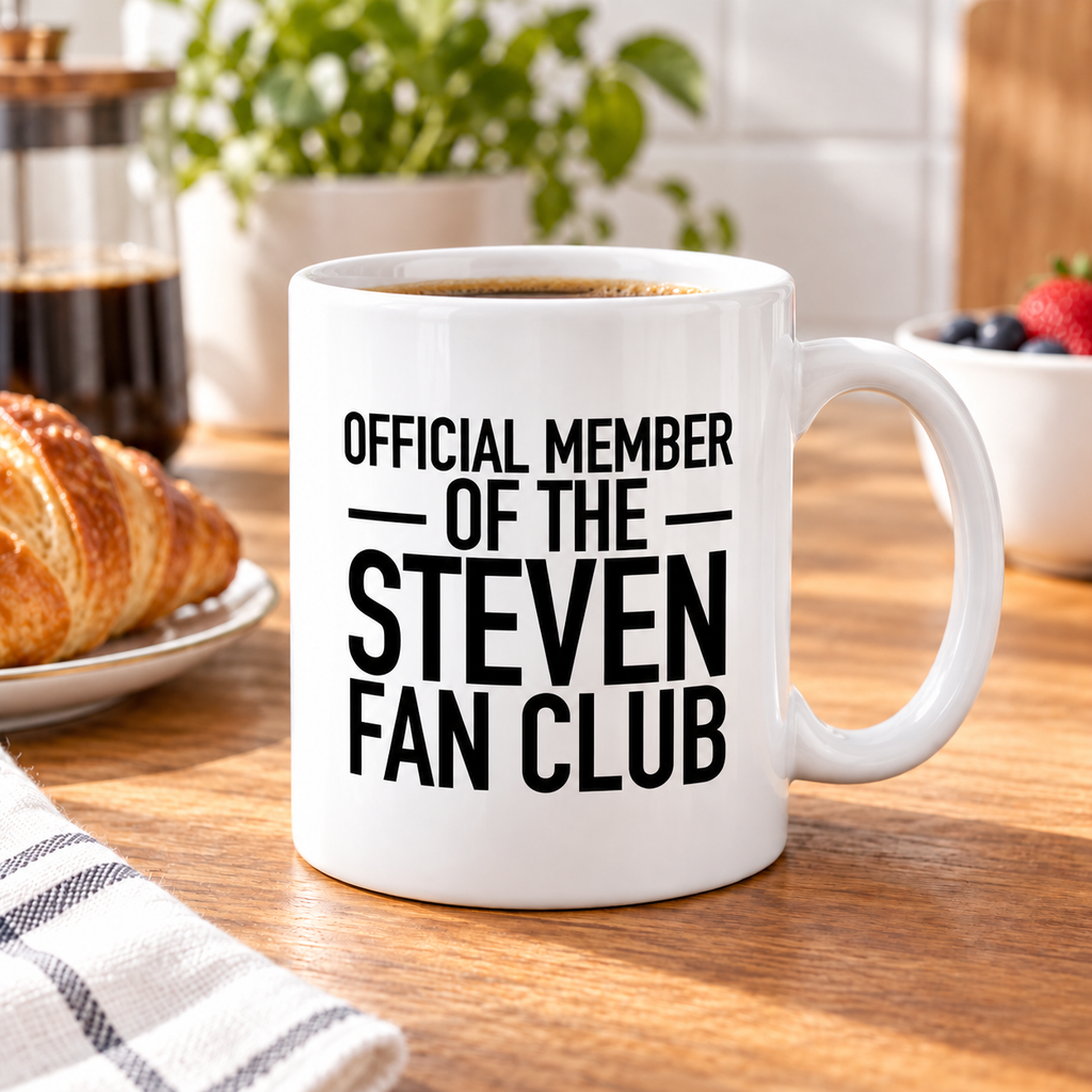 OFFICIAL MEMBER OF THE STEVEN FAN CLUB mug lifestyle-white mockup