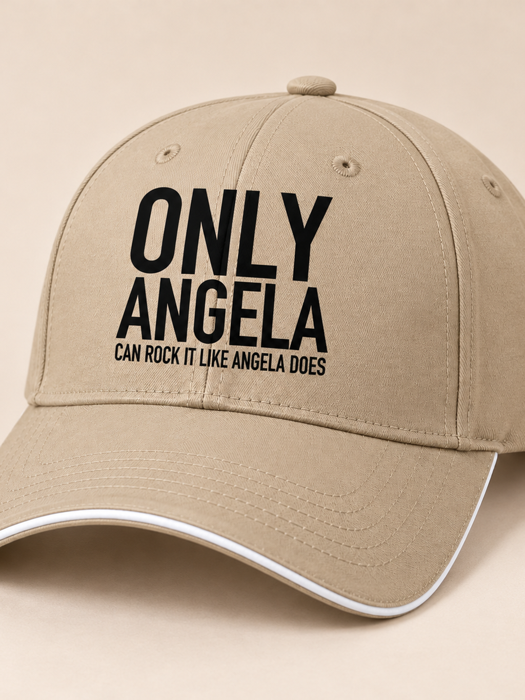 ONLY ANGELA CAN ROCK IT LIKE ANGELA DOES cap khaki mockup