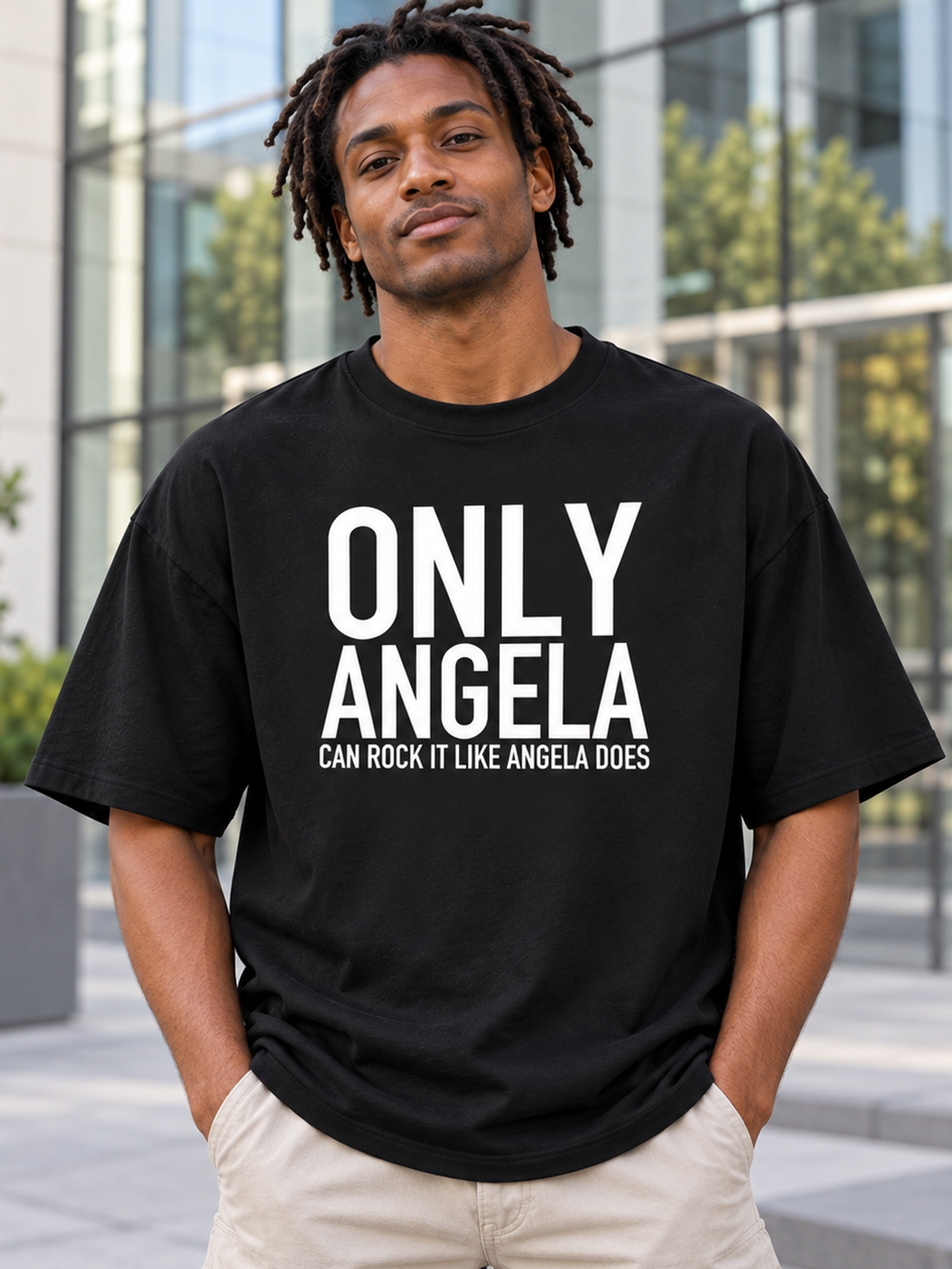 ONLY ANGELA CAN ROCK IT LIKE ANGELA DOES men-tshirt street-model-black mockup