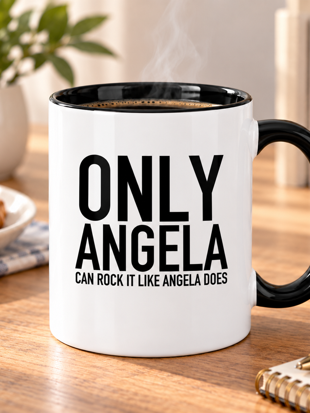 ONLY ANGELA CAN ROCK IT LIKE ANGELA DOES mug lifestyle-black-white mockup