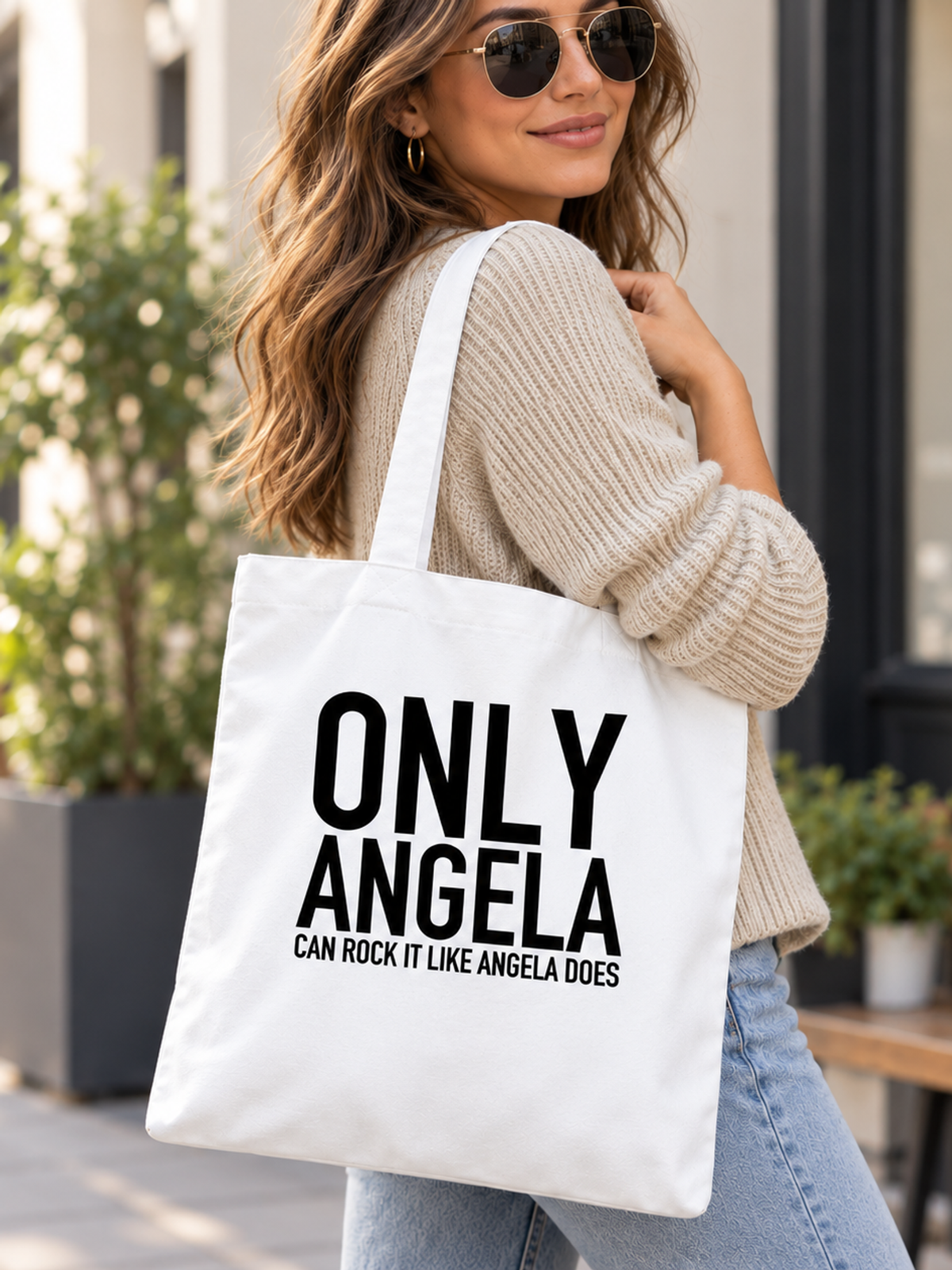 ONLY ANGELA CAN ROCK IT LIKE ANGELA DOES tote model mockup