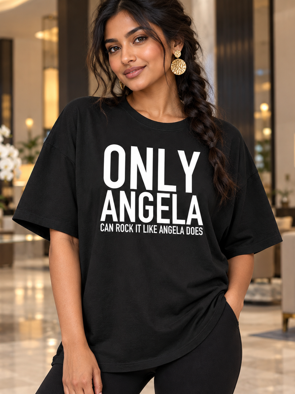 ONLY ANGELA CAN ROCK IT LIKE ANGELA DOES women-tshirt lifestyle-black mockup