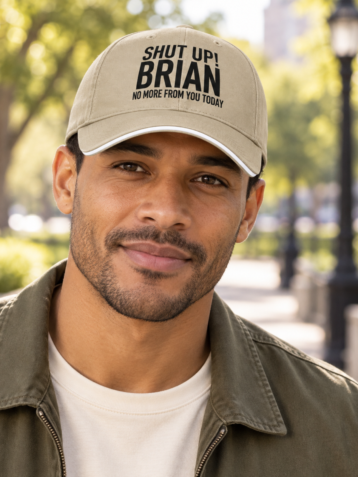 SHUT UP! BRIAN NO MORE FROM YOU TODAY cap model-khaki mockup