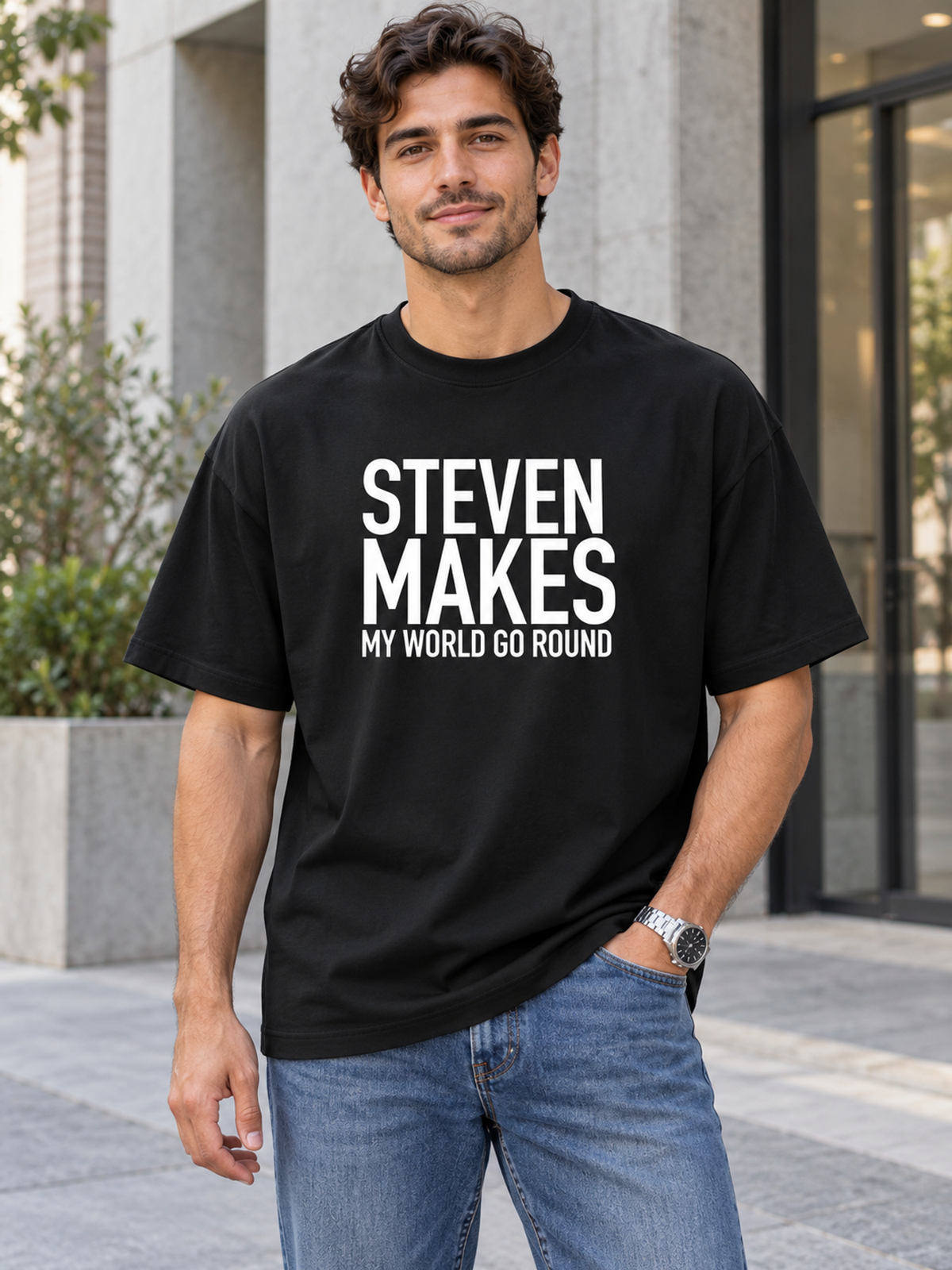 STEVEN MAKES MY WORLD GO ROUND men-tshirt street-model-black mockup