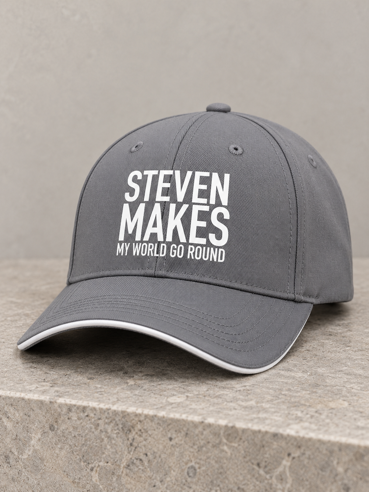 STEVEN MAKES MY WORLD GO ROUND cap gray mockup