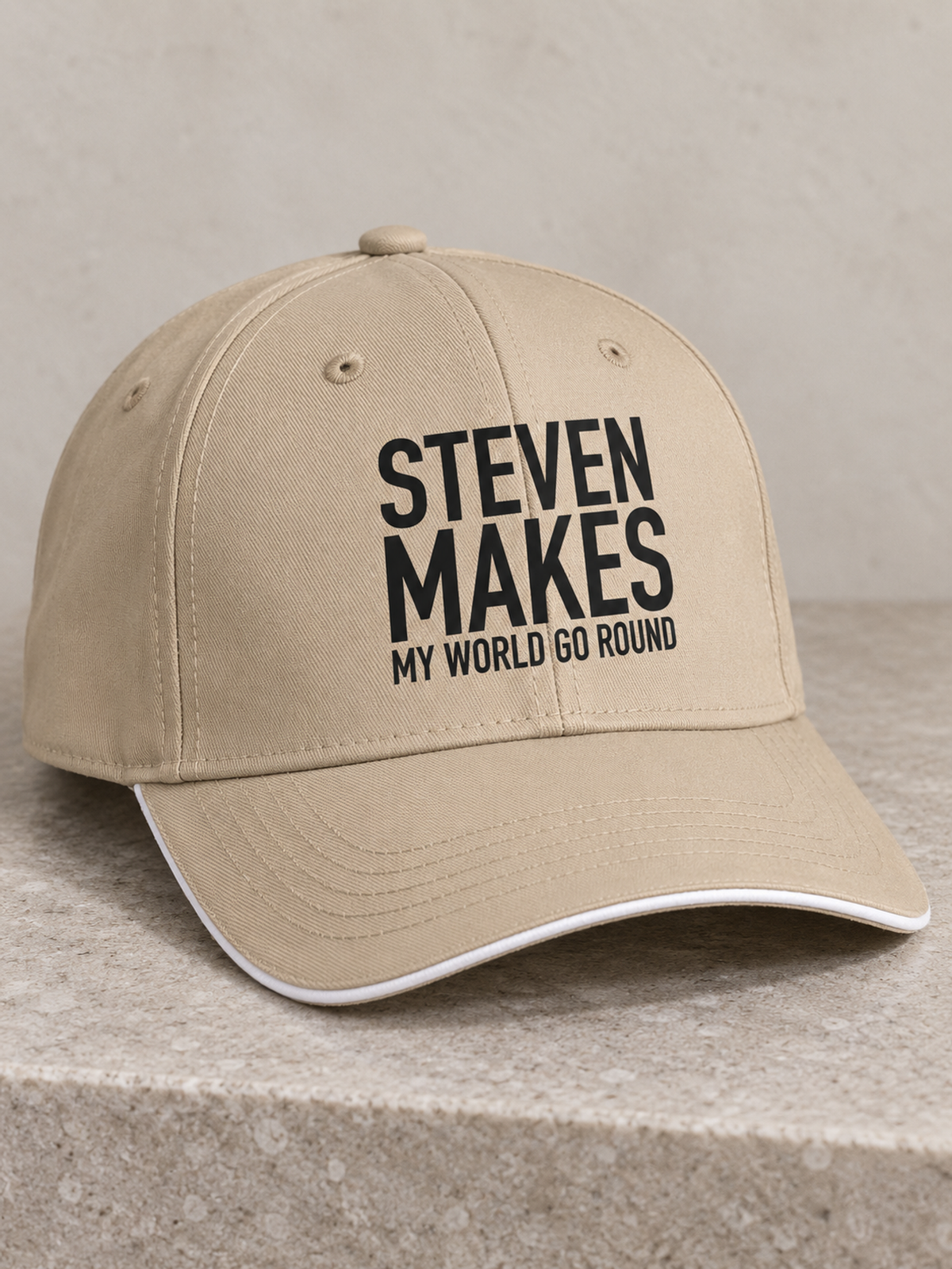 STEVEN MAKES MY WORLD GO ROUND cap khaki mockup