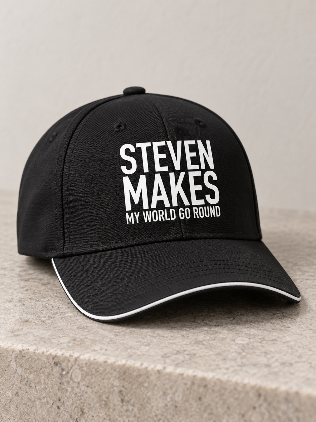STEVEN MAKES MY WORLD GO ROUND cap black mockup