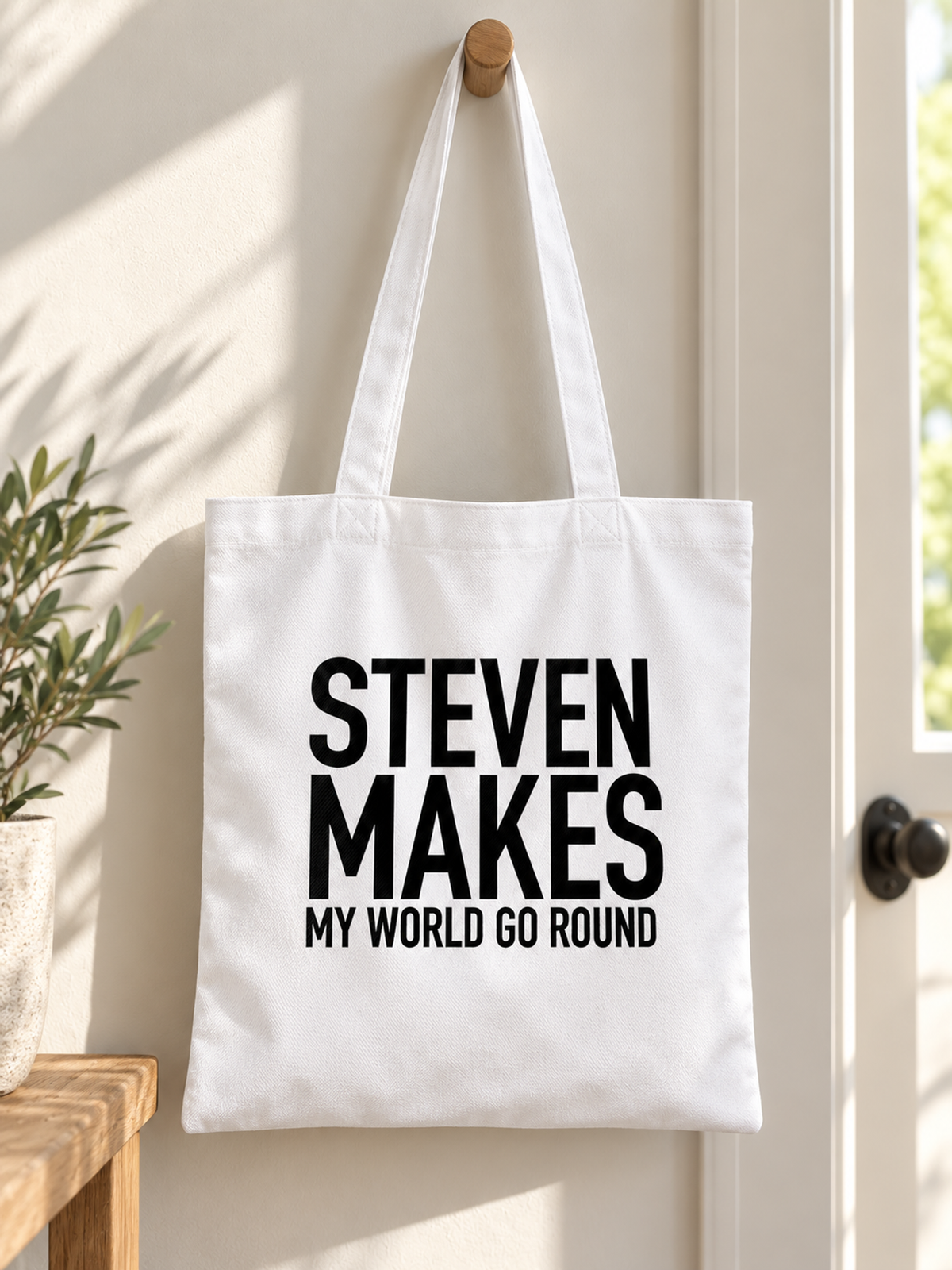 STEVEN MAKES MY WORLD GO ROUND tote lifestyle mockup