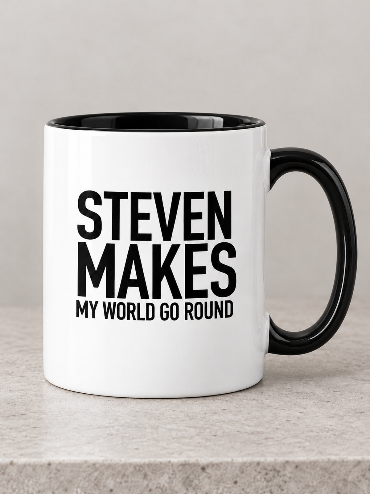STEVEN MAKES MY WORLD GO ROUND mug black-white mockup