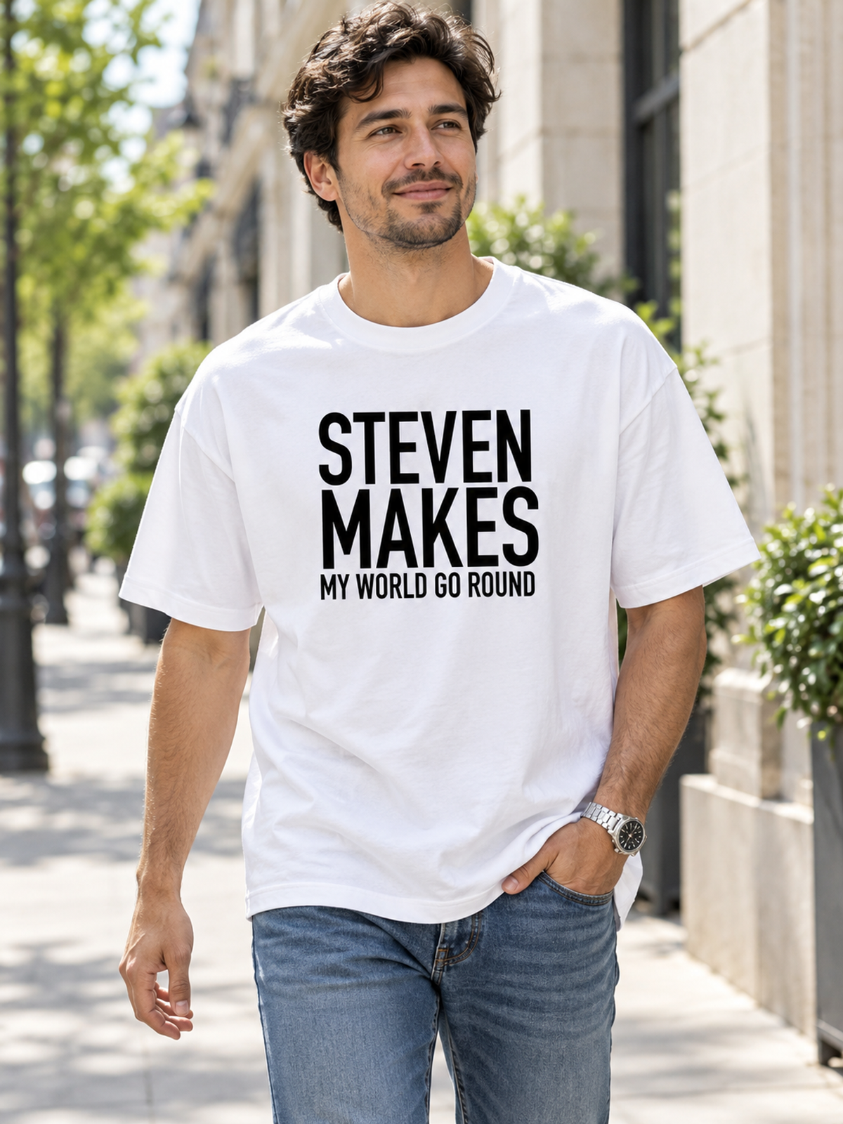 STEVEN MAKES MY WORLD GO ROUND men-tshirt street-model-white mockup