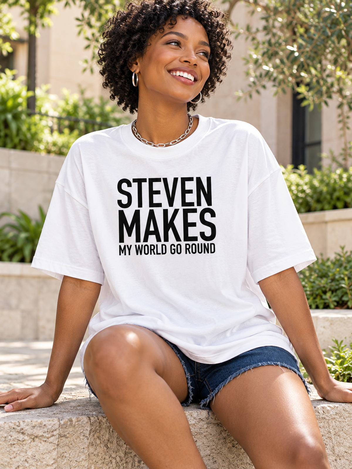 STEVEN MAKES MY WORLD GO ROUND women-tshirt lifestyle-scene mockup