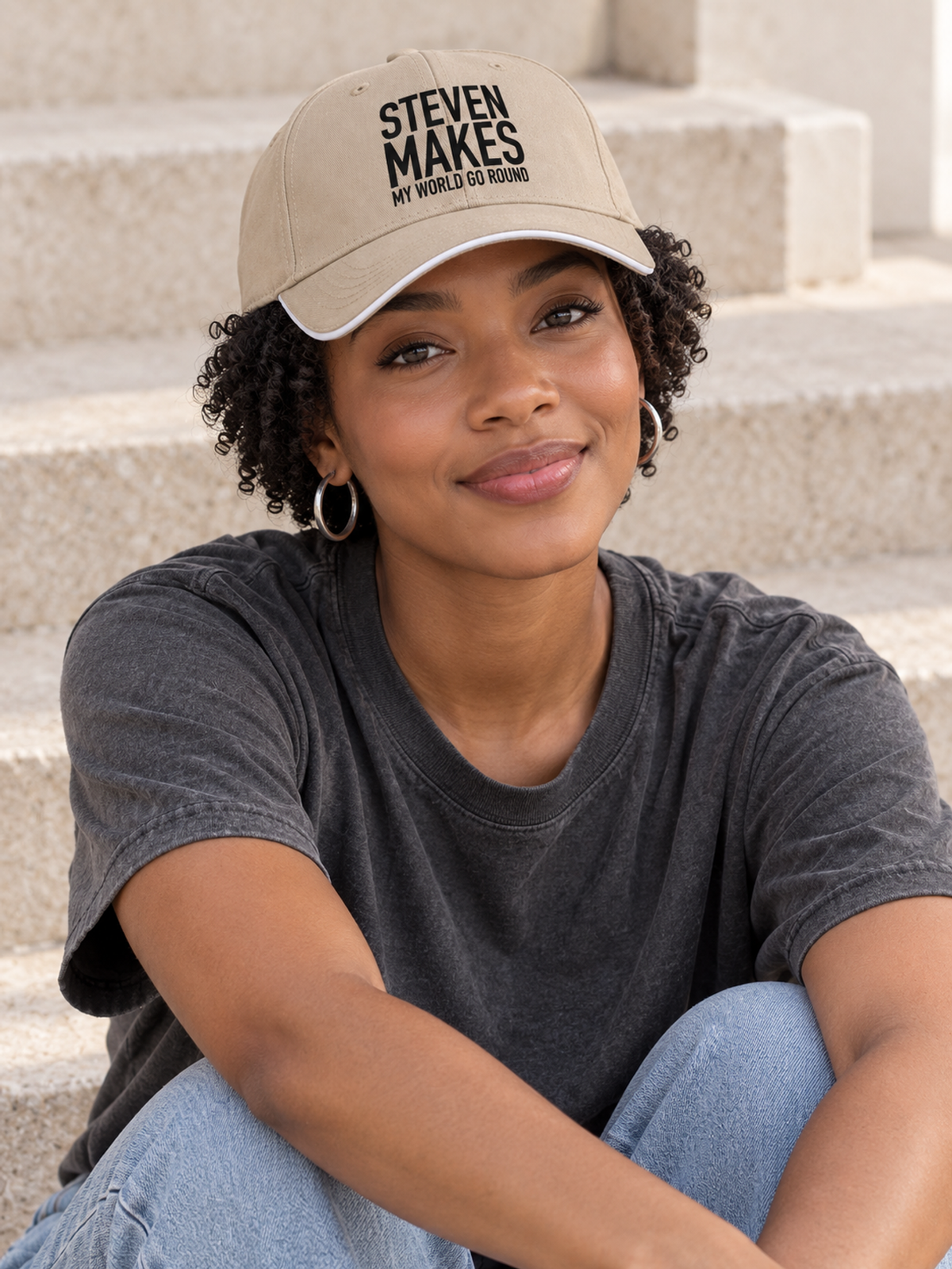 STEVEN MAKES MY WORLD GO ROUND cap model-khaki mockup