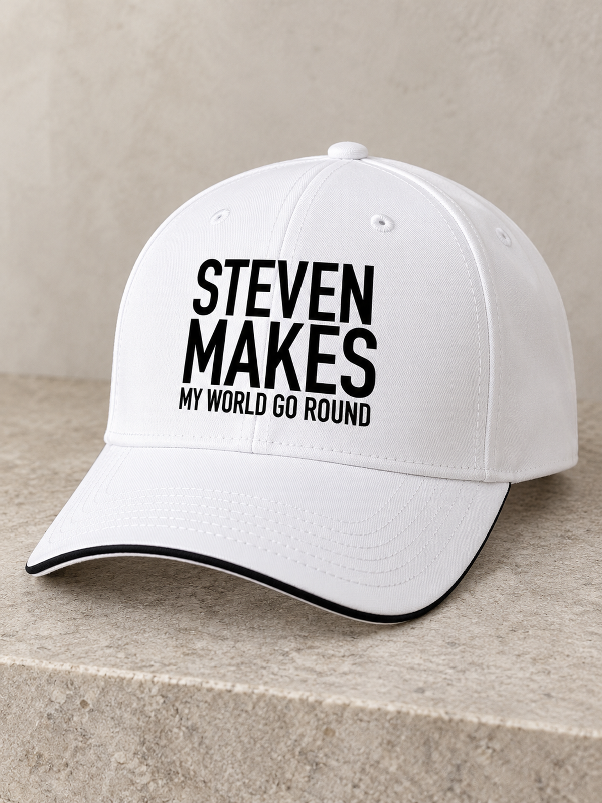 STEVEN MAKES MY WORLD GO ROUND cap white mockup