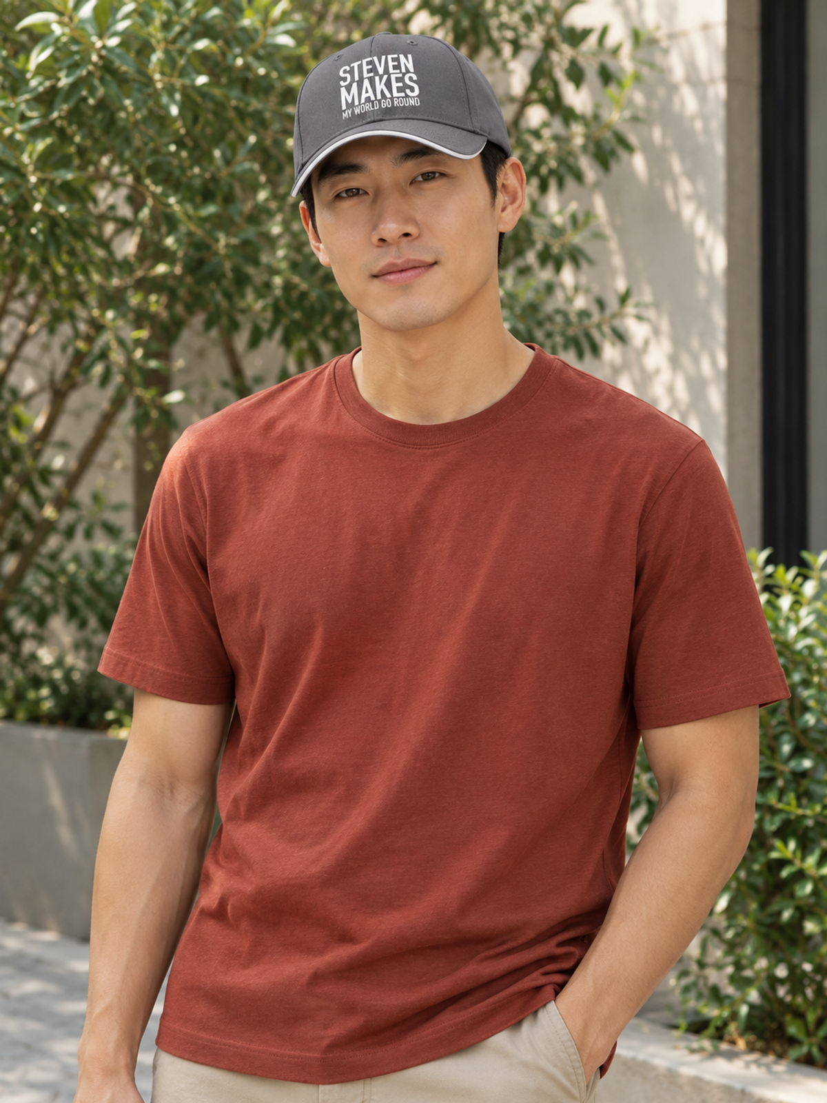 STEVEN MAKES MY WORLD GO ROUND cap model-gray mockup