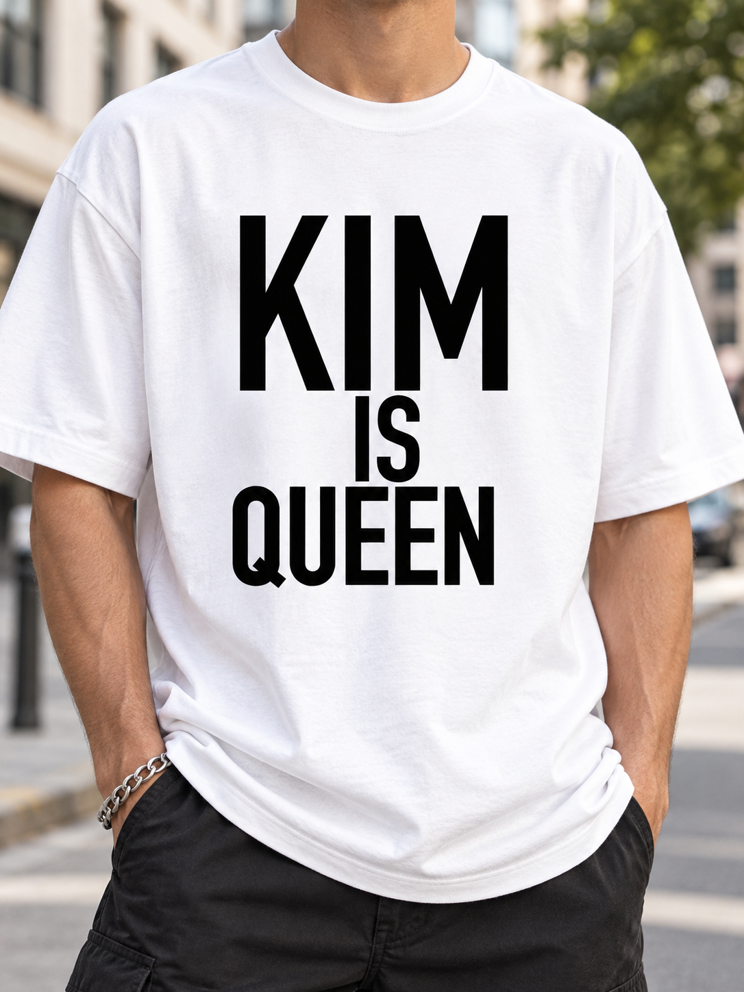 KIM IS QUEEN men's T-shirt street model image
