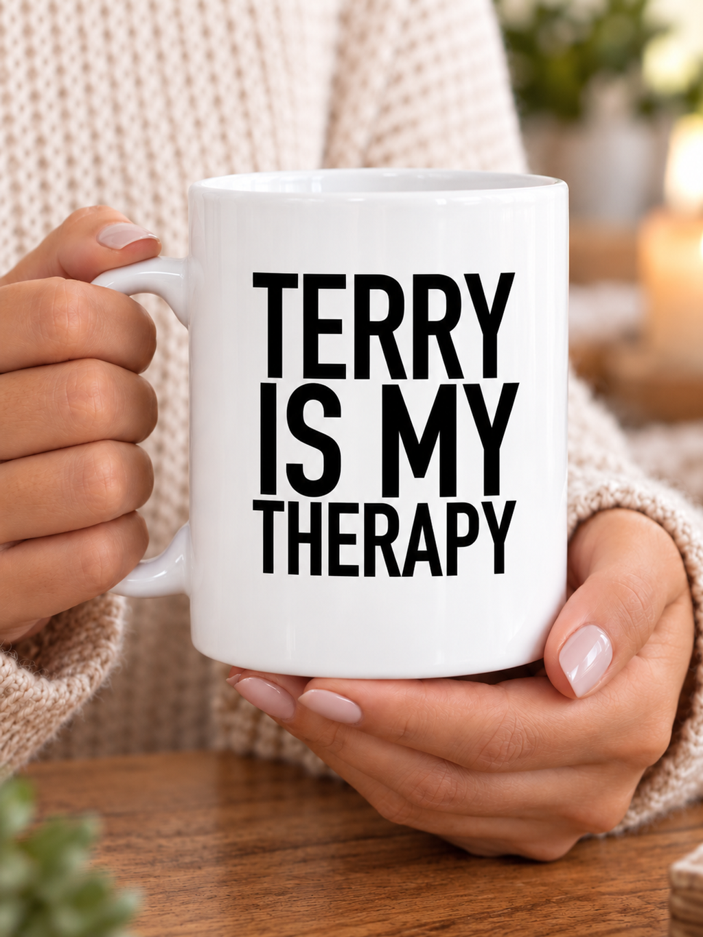 TERRY IS MY THERAPY mug handheld-white mockup