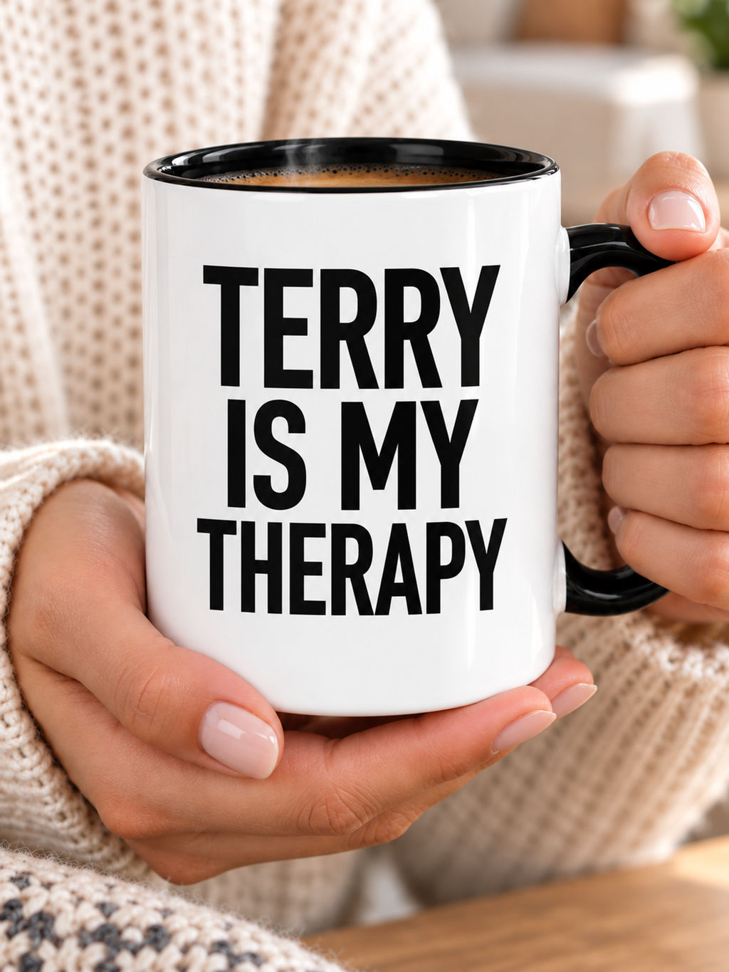 TERRY IS MY THERAPY mug handheld-black-white mockup