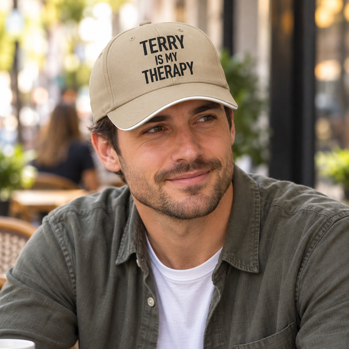 TERRY IS MY THERAPY cap model-khaki direct generated print v2