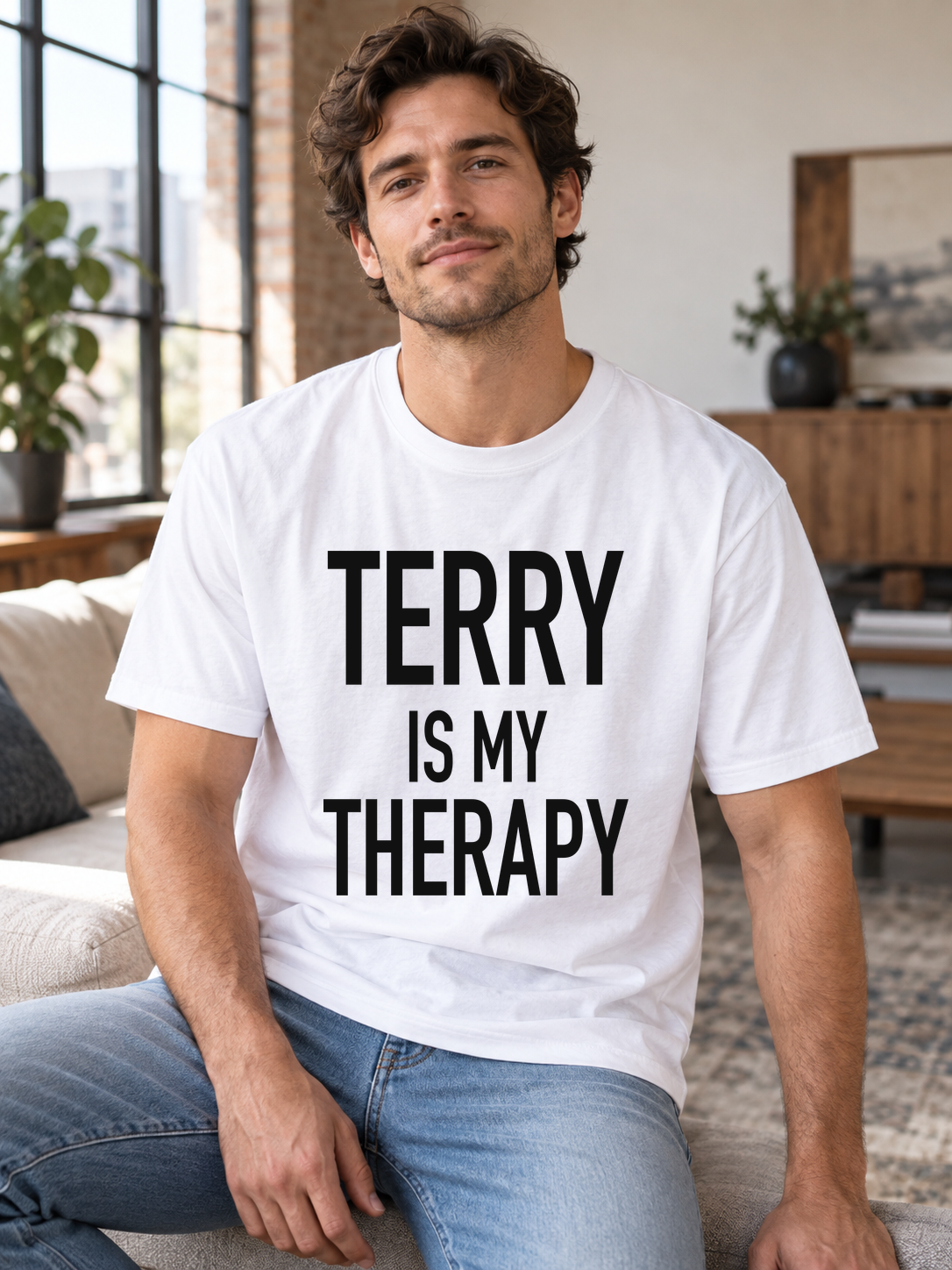TERRY IS MY THERAPY men-tshirt street-model-white mockup