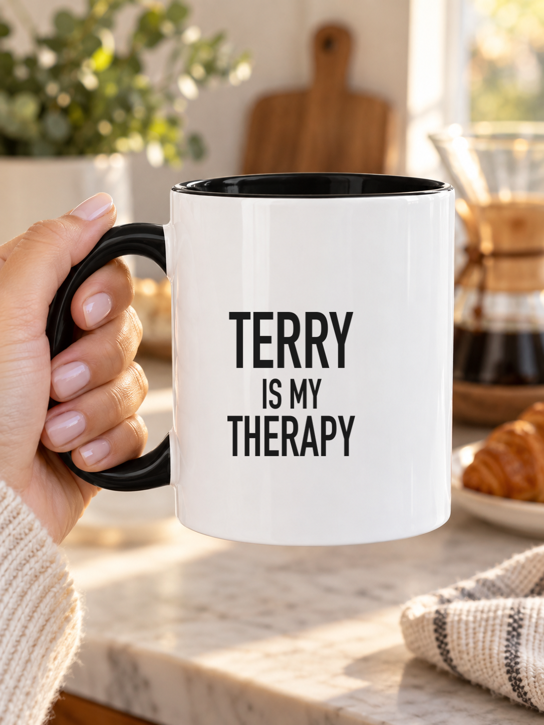 TERRY IS MY THERAPY mug handheld-black-white mockup