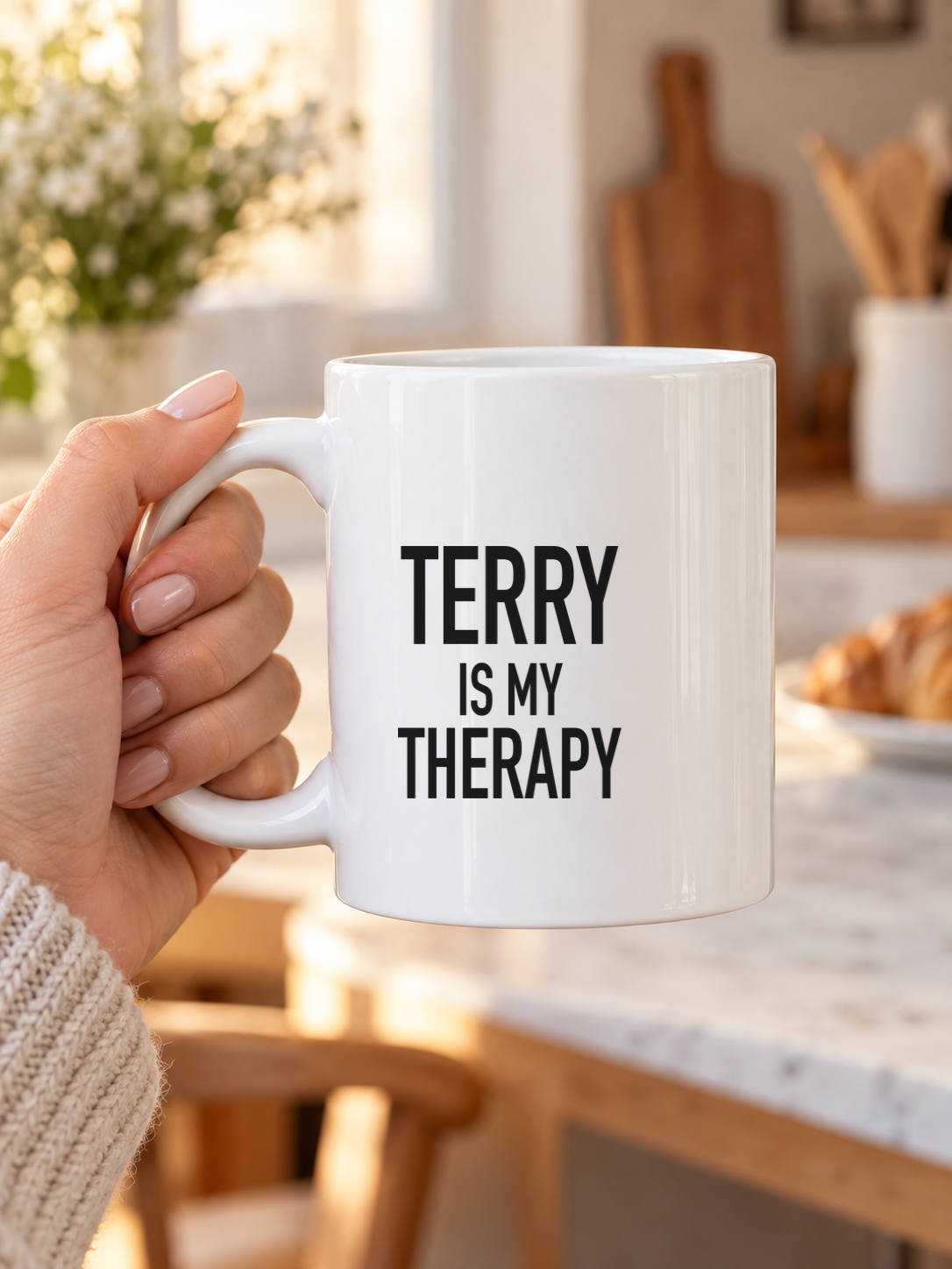 TERRY IS MY THERAPY mug handheld-white mockup
