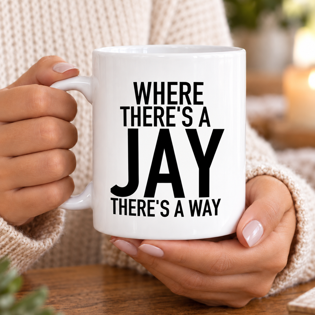 WHERE THERE'S A JAY THERE'S A WAY mug handheld-white mockup