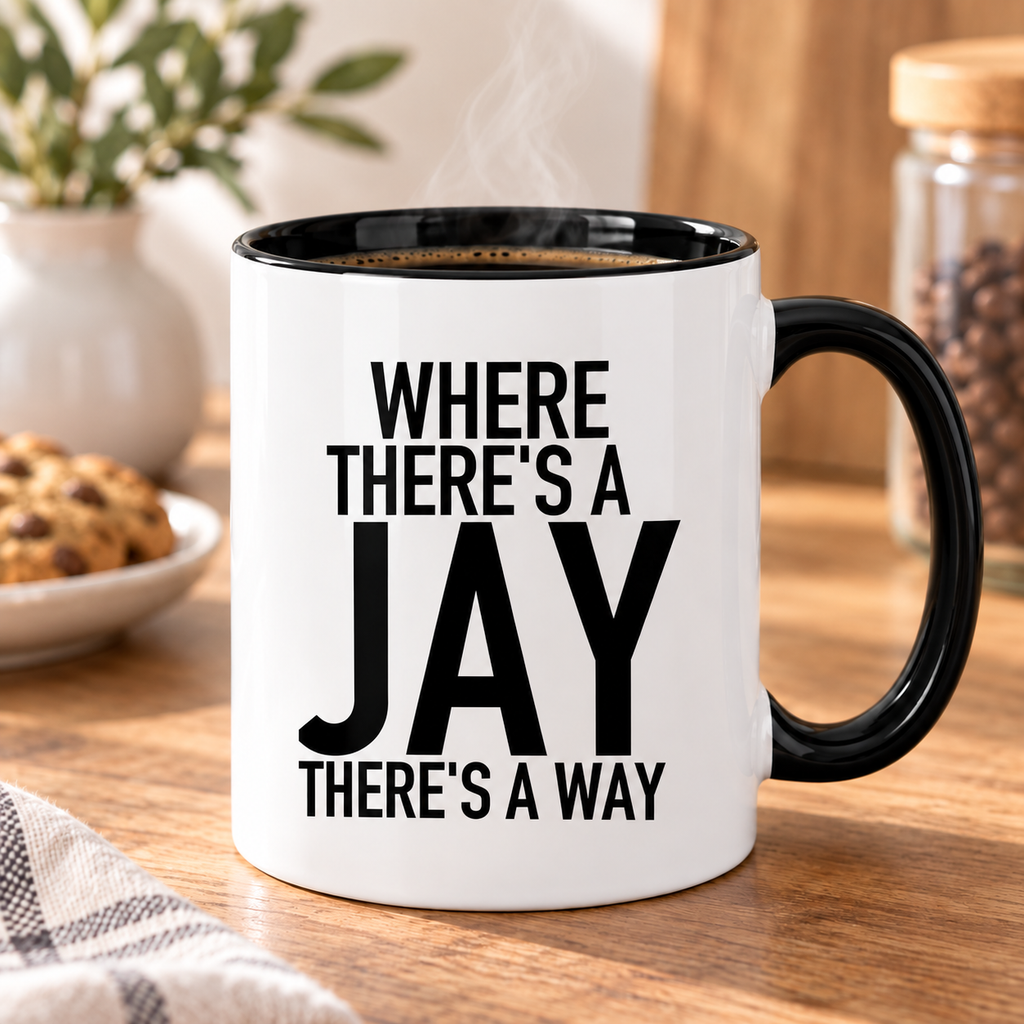 WHERE THERE'S A JAY THERE'S A WAY mug lifestyle-black-white mockup