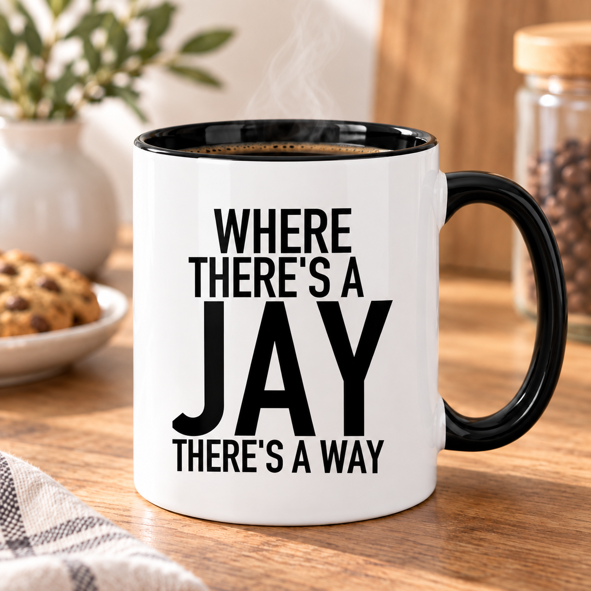 WHERE THERE'S A JAY THERE'S A WAY mug lifestyle-black-white mockup