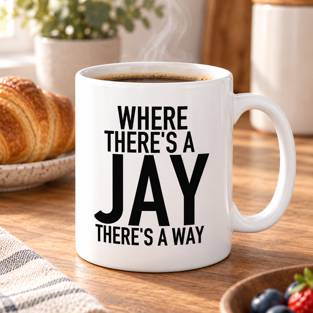 WHERE THERE'S A JAY THERE'S A WAY mug lifestyle-white mockup