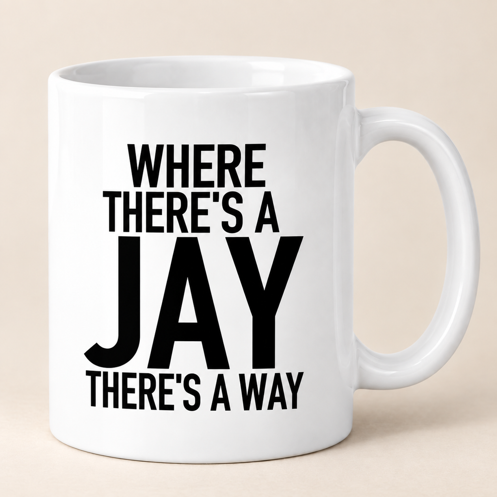 WHERE THERE'S A JAY THERE'S A WAY mug white mockup