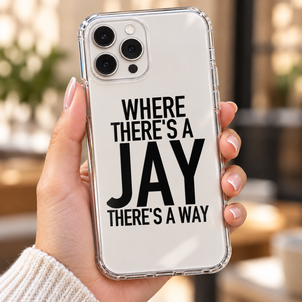 WHERE THERE'S A JAY THERE'S A WAY phone-case handheld mockup