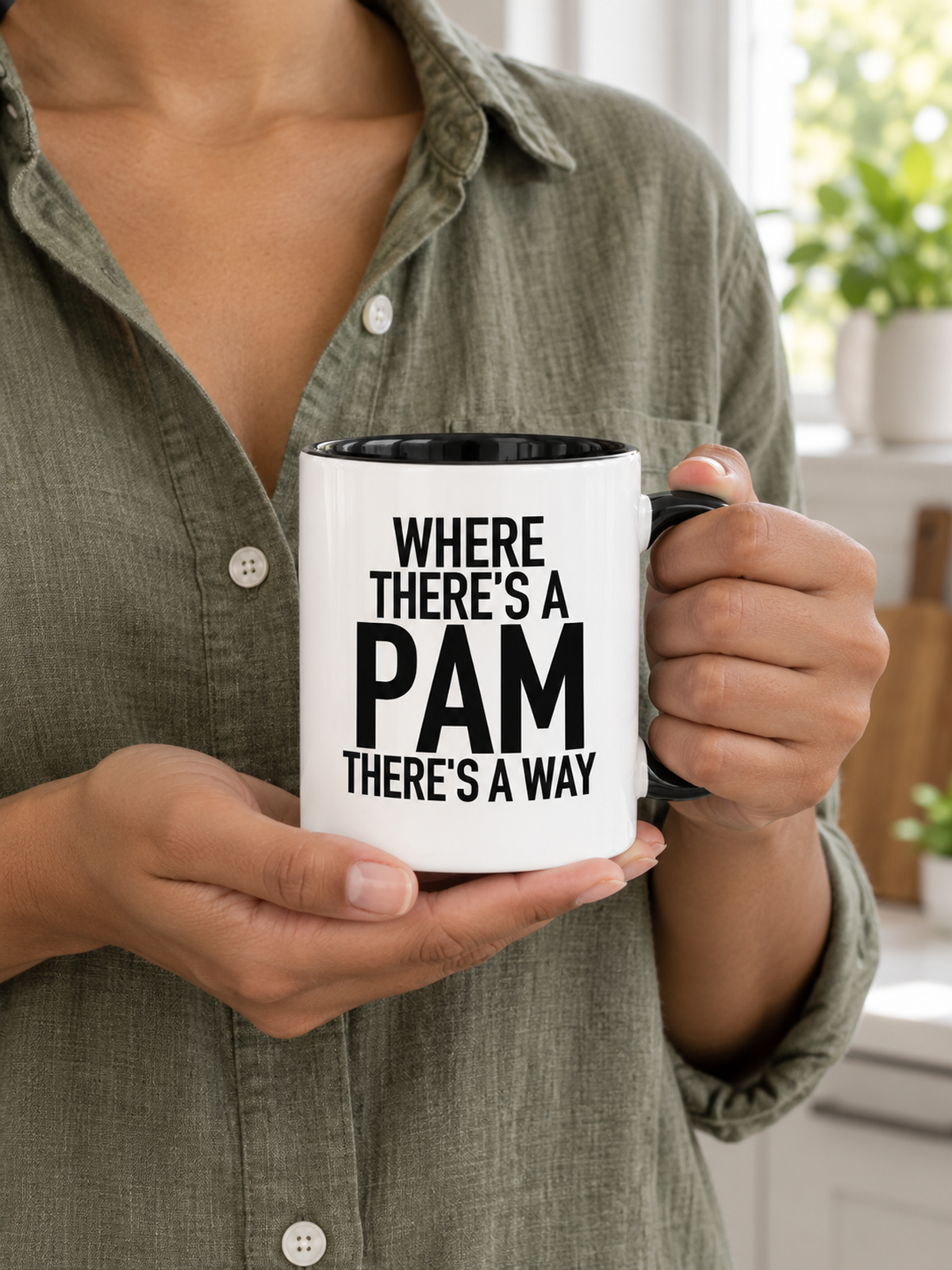 WHERE THERE'S A PAM THERE'S A WAY mug handheld-black-white mockup