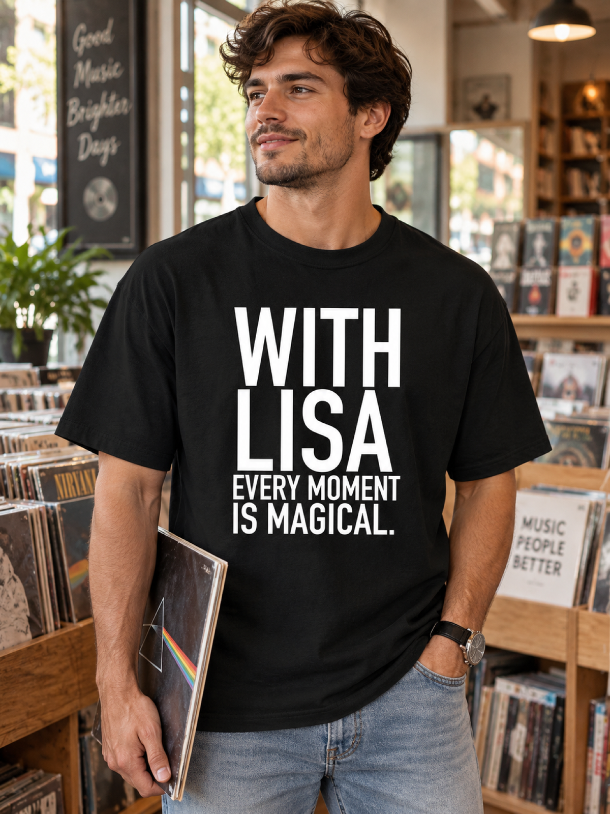 WITH LISA EVERY MOMENT IS MAGICAL. men-tshirt street-model-black mockup