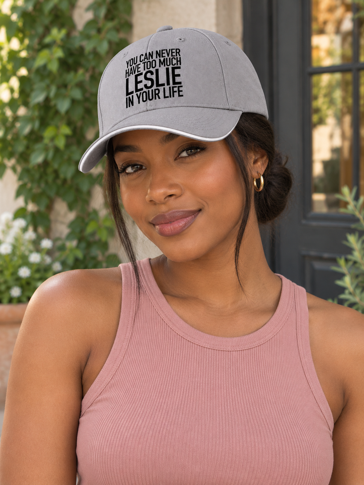 YOU CAN NEVER HAVE TOO MUCH LESLIE IN YOUR LIFE cap model-gray mockup