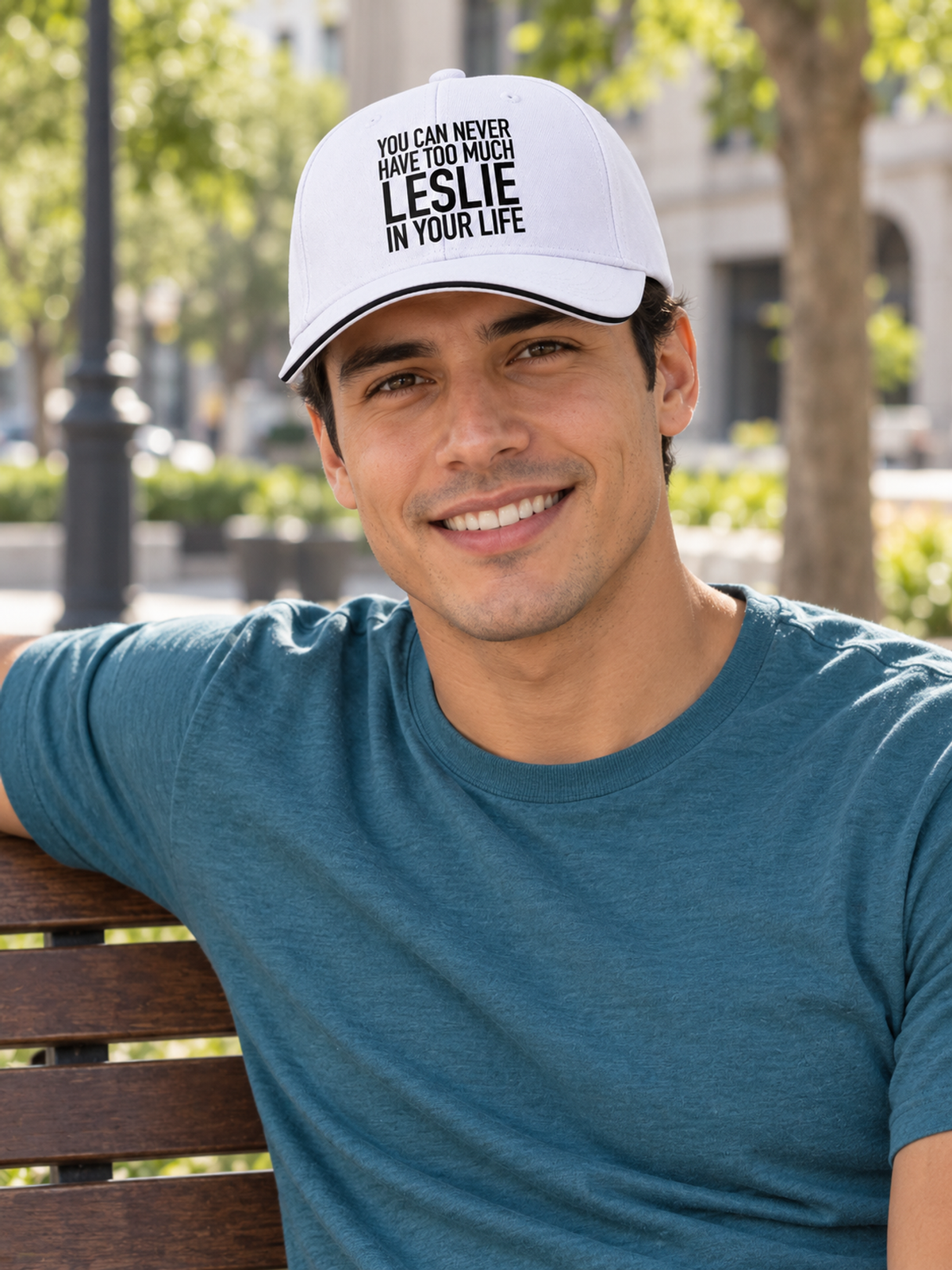 YOU CAN NEVER HAVE TOO MUCH LESLIE IN YOUR LIFE cap model-white mockup