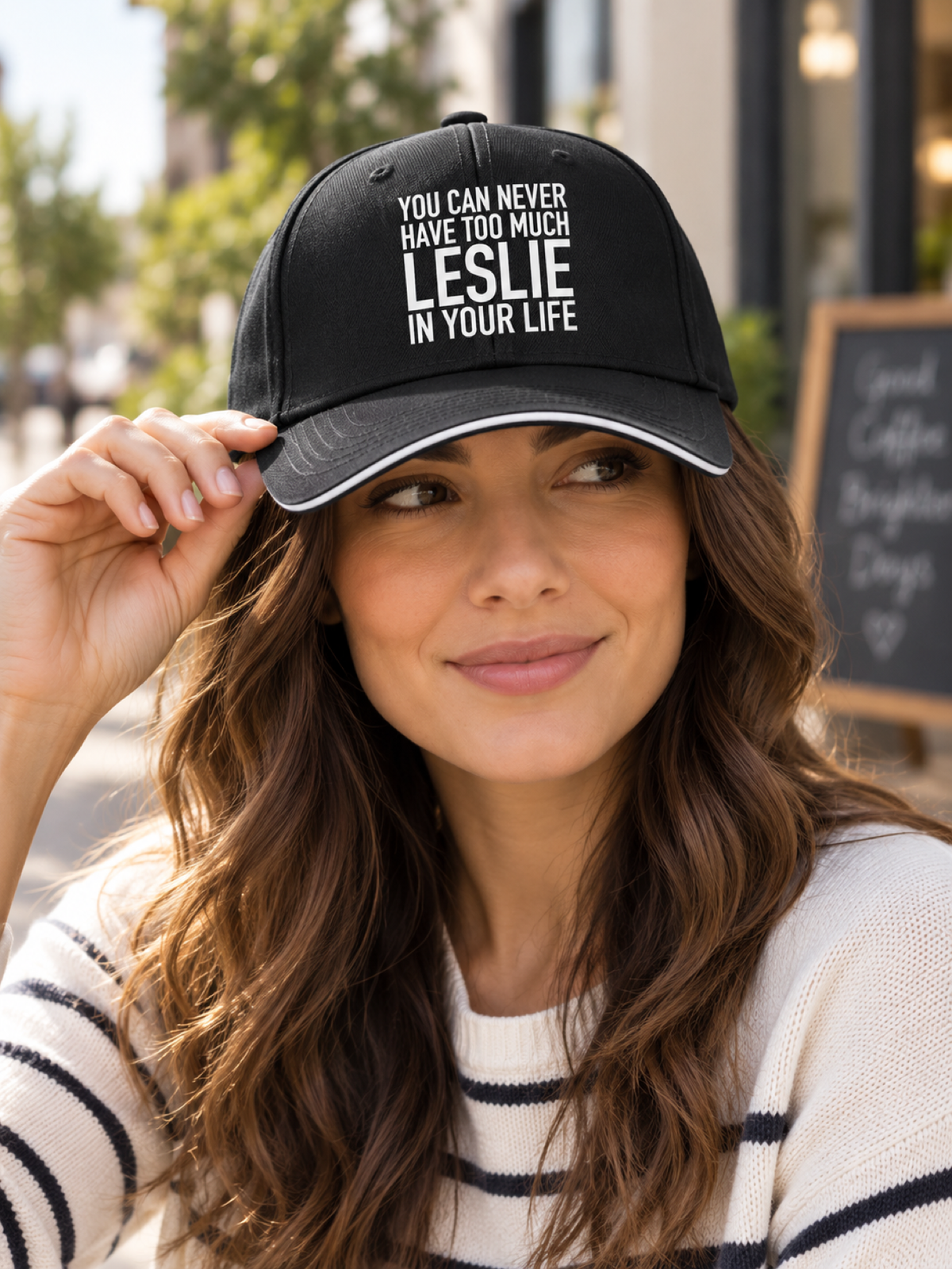 YOU CAN NEVER HAVE TOO MUCH LESLIE IN YOUR LIFE cap model-black mockup